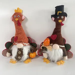 Detailed shot of two Thanksgiving turkey gnomes with festive hats and white beards