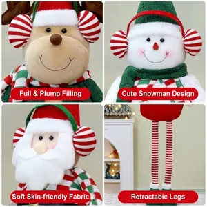 Detail view of plush Christmas retractable dolls in Santa, snowman and reindeer designs
