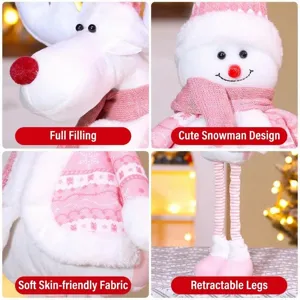 Close-up of retractable legs and soft plush fabric on Christmas snowman and reindeer dolls