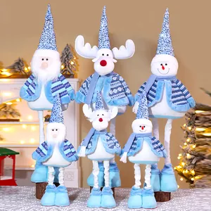 Blaue Weihnachts-Stofftiere mit Teleskopbeinen: Weihnachtsmann, Rentier und Schneemann