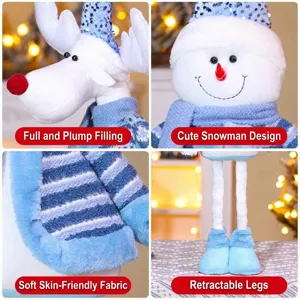 Detail views of blue Christmas snowman and reindeer plush dolls with retractable legs