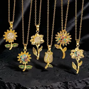 Detailed view of six gold-plated necklaces featuring zircon-studded flower pendants