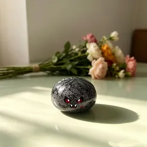 Primer plano de un juguete squishy de calabaza de Halloween negra moteada con cara de enojo