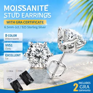 Σκουλαρίκια Καρφωτά Moissanite 1ct από Ασήμι 925 Πιστοποιητικό GRA Στέμμα 6 Δοντιών Ρετρό Βιδωτά Σκουλαρίκια