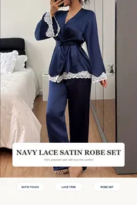 Eleganter dunkelblauer Satin-Bademantel mit zarter Spitze für Damen-Nachtwäsche