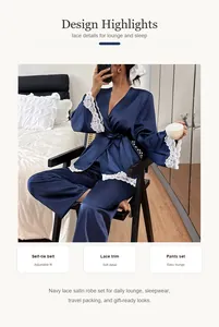 Detailansicht des dunkelblauen Satin-Bademantel-Sets mit Spitze für elegante Lounge