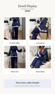 Detailaufnahmen von marineblauem Satin-Pyjama-Set mit weißer Spitze und V-Ausschnitt