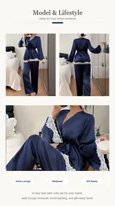 Lifestyle-Detailaufnahmen eines marineblauen Satin-Pyjama-Sets mit weißer Spitze