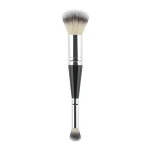 Professional double-ended makeup brush with soft duo-fiber synthetic bristles in silver and black