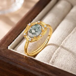 Vintage 925 Sterling Silver Moss Agate Open Ring For Women Gold Plated Oval Green Gemstone Rhinestone Adjustable Ring