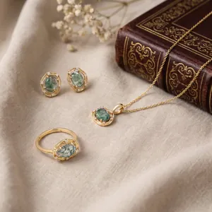 Vintage S925 silver jewelry set with green moss agate rings, earrings, and necklace.