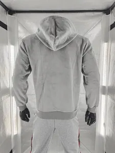 Detailed back view of men's grey casual hoodie with textured pineapple grid pattern
