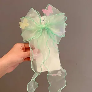 Girls Hair Clips Large Organza Bows Long Streamers Rainbow Gradient Artificial Pearls Rhinestones Princess Style Hair Accessories