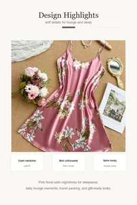 Vue détaillée de la nuisette en satin rose fleuri montrant le décolleté cami et le motif.