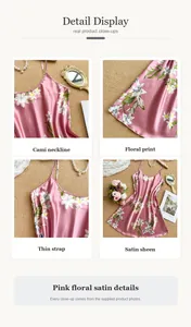 Détails d'une nuisette en satin rose à fleurs soulignant le décolleté et les fines bretelles.