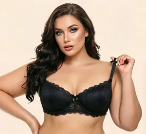 Detailed view of the delicate black floral lace texture on this French style bra