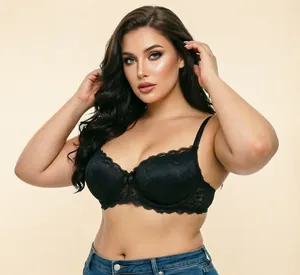 Macro detail view of exquisite black lace patterns on plus-size French romantic bra