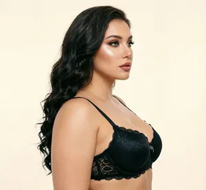 Side profile view of black lace bra with detailed floral embroidery and scalloped edges