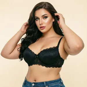 Elegant black lace plus size bra with hollow-out floral patterns and comfortable fit