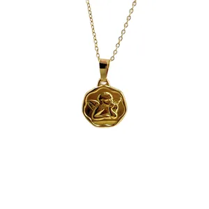 Gold stainless steel coin necklace featuring a vintage embossed angel relief pendant