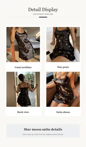 Detailansichten des schwarzen Damen-Nachthemds aus Satin mit Sternen- und Mondprint.