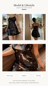 Detailansichten des schwarzen Damen-Nachthemds aus Satin mit goldenem Sternenmuster