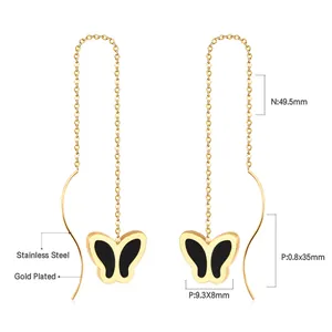 Detailed view of gold-plated stainless steel butterfly tassel earrings with measurements.