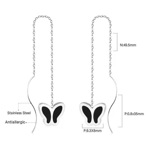 Detailed dimensions of stainless steel black butterfly threader earrings showing lengths.