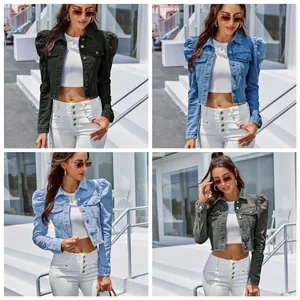 Women Denim Cropped Jacket Fashion Puff Sleeve Lapel Frayed Hem Washed Casual Denim Top For Ladies Streetwear Outerwear
