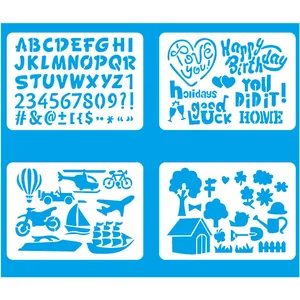 Dettaglio di stencil per pittura in plastica con lettere, numeri e temi creativi