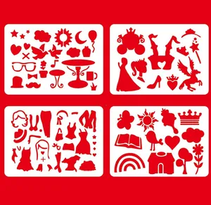 Vista dettagliata di quattro stencil da disegno per bambini con vari motivi rossi