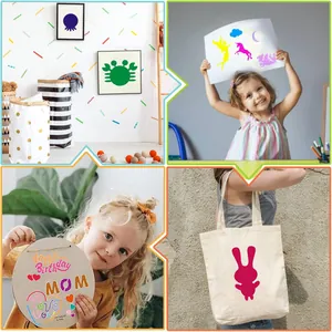 Collage di bambini che usano stencil per pittura a tema animale e festivo su varie superfici.