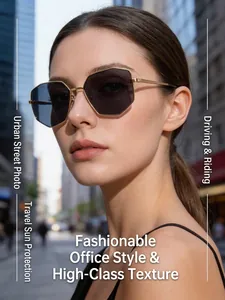 Close-up detail of stylish gold-framed polygonal sunglasses worn by an Asian model in city