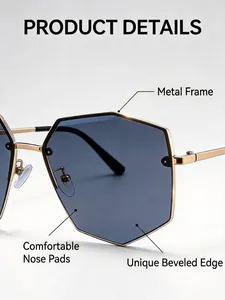 Detailed macro view of metal rimless polygonal sunglasses with gold frame and cut-edge lenses.