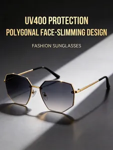 Detailed view of polygon metal frame sunglasses with gradient UV protection lenses