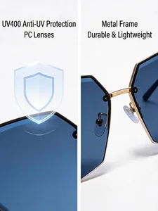Close-up of polygonal metal sunglasses featuring blue UV400 PC lenses and bridge detail.