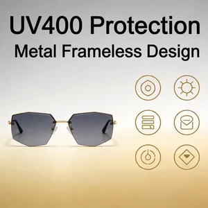 Stylish rimless polygonal sunglasses featuring UV400 protection and gold metal frame