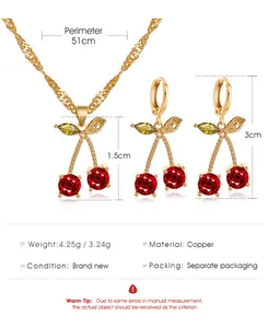 Especificaciones y dimensiones detalladas para un set de joyas de cereza con cristales rojos