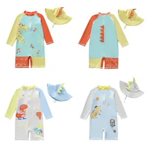 Boys Cartoon Shark Dinosaur Long Sleeve Rash Guard Top Swim Shorts And Hat Swimwear Set For Toddler Kids Beach Vacation