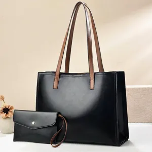 Dames PU Leer Tote Bag Set Met Bijpassende Etui Grote Capaciteit Minimalistisch Effen Kleur Kantoor Woon-Werkverkeer Schoudertas
