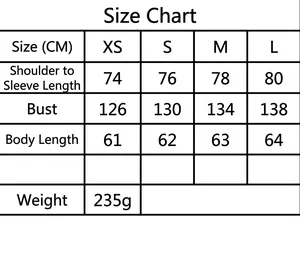 Size chart table for women's pleated nylon jacket with bust and length measurements