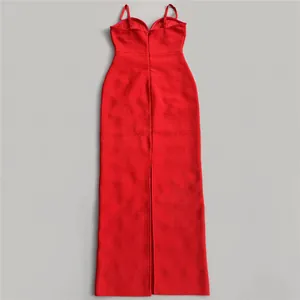 Elegant red spaghetti strap bandage maxi dress back view with a slit, premium fabric detail.