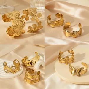 Minimalist Stainless Steel 18K Gold Plated Open Cuff Bangle Hammered Irregular Flower Butterfly Leaf Bracelet For Women
