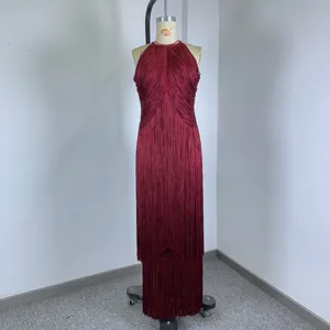 Elegant burgundy sleeveless fringe bandage dress for evening party or performance