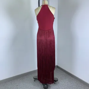 Back view detail of a wine red sleeveless halter fringe dress for stage performance and parties