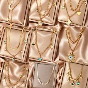 Double Layer Stainless Steel Necklace For Women 18K Gold Plated Evil Eye Star Moon Butterfly Pendant Rhinestone Jewelry