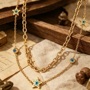 Elegant vintage double-layer 18K gold plated necklace with star and evil eye charms