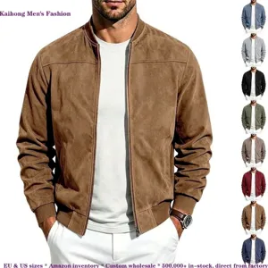 Giacca Bomber da Uomo in Stile Americano Scamosciata Tinta Unita Collo Baseball Zip Casual Antivento Leggera Capospalla