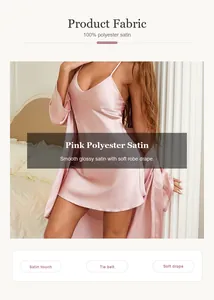 Detail of pink 100% polyester satin nightgown and robe set for women