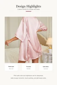 Detail showing pink satin robe set with adjustable tie waist and cross back cami dress.